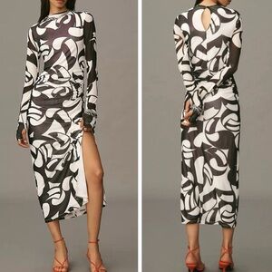 ♥️ FARM Rio for Anthropologie Black and White Midi Sheath Dress with Slit